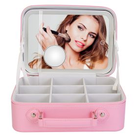 Travel Makeup Bag With 3 Light Colors Dimmable Brightness LED Mirror Detachable 10X Magnifying Mirror Adjustable Dividers Portable Waterproof Cosmetic (Option: MakeupBagPinkGPCT4770)